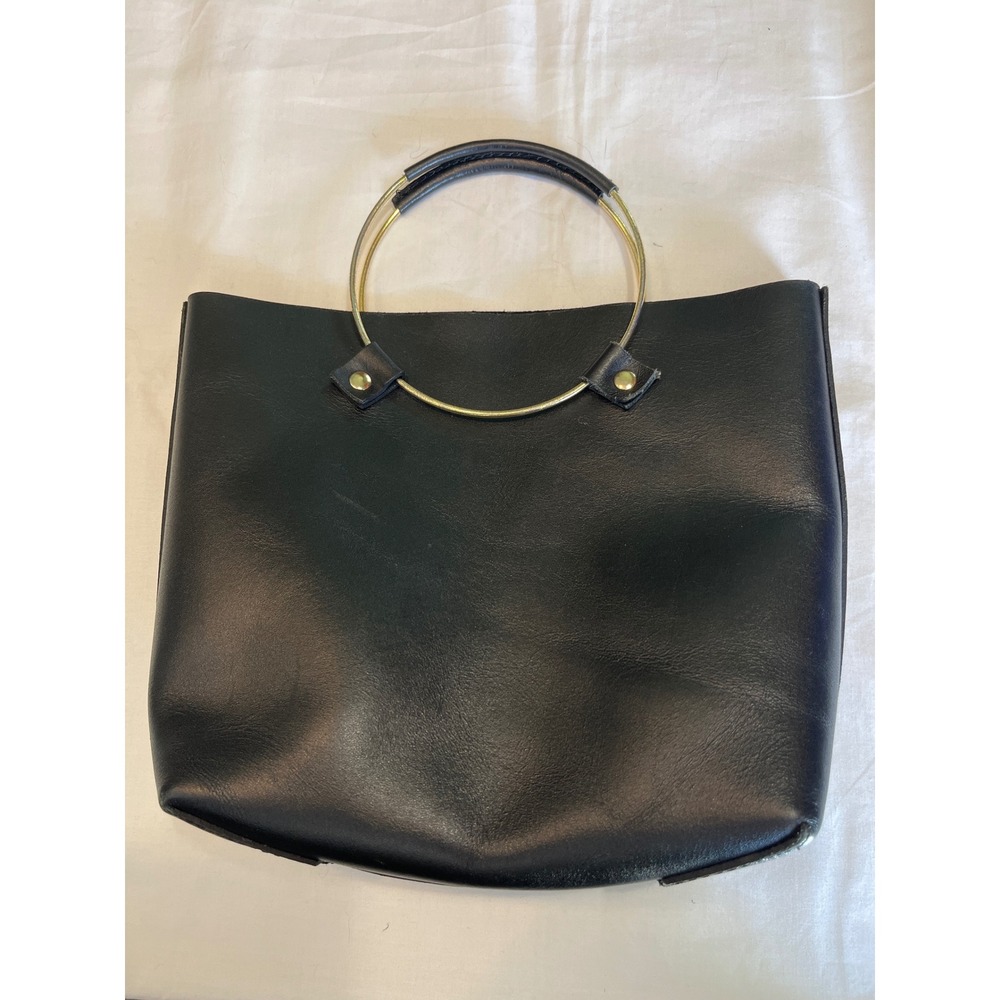 Tribe Alive Black Leather Tote Bag Gold Metal Ring Handle Minimalist Handbag